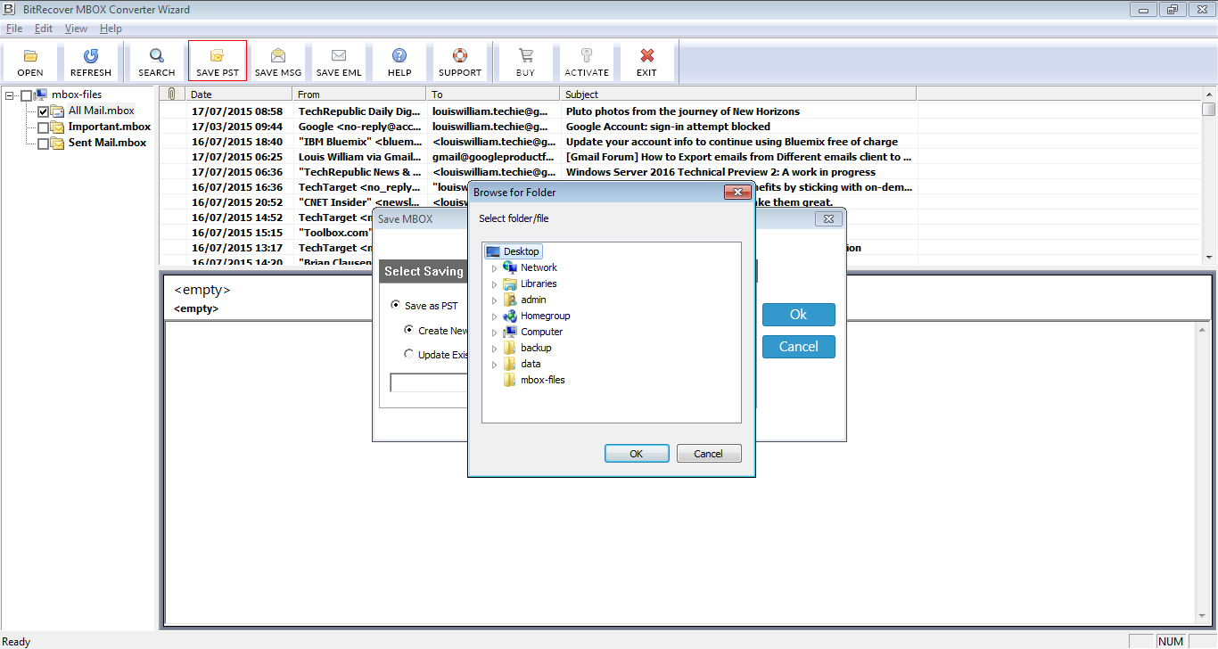 select MBOX file/folder for conversion to csv